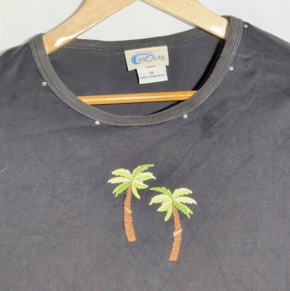 Vintage Las Olas 1X Black T-Shirt with Palm Tree Embroidery Cotton - Picture 2 of 5